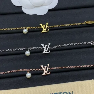 Louis Vuitton ouro prata Monogram pingente gota de pérola pulseira