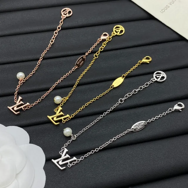 Louis Vuitton Gold Silver Monogram Pendant Pearl Drop Bracelet 3