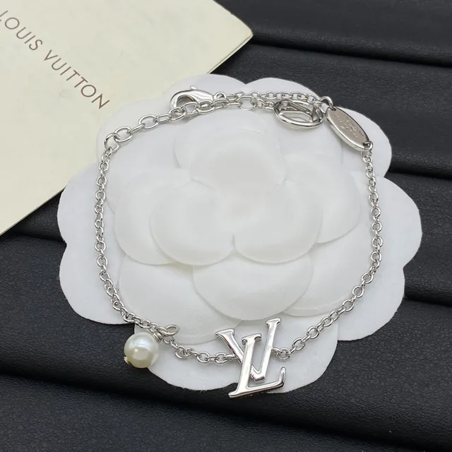 Louis Vuitton Gold Silver Monogram Pendant Pearl Drop Bracelet 5