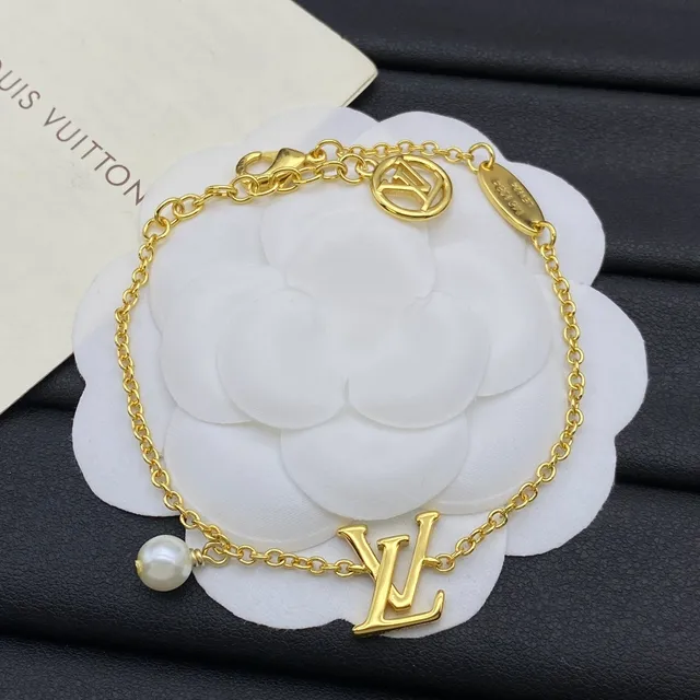 Louis Vuitton Gold Silver Monogram Pendant Pearl Drop Bracelet 6