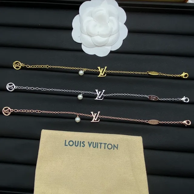 Louis Vuitton Gold Silver Monogram Pendant Pearl Drop Bracelet 7