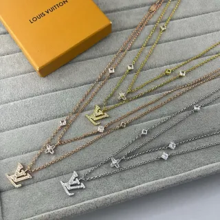 Louis Vuitton Gold Silver Pavé-Crystal Monogram Pendant Multi-Stone Chain Necklace