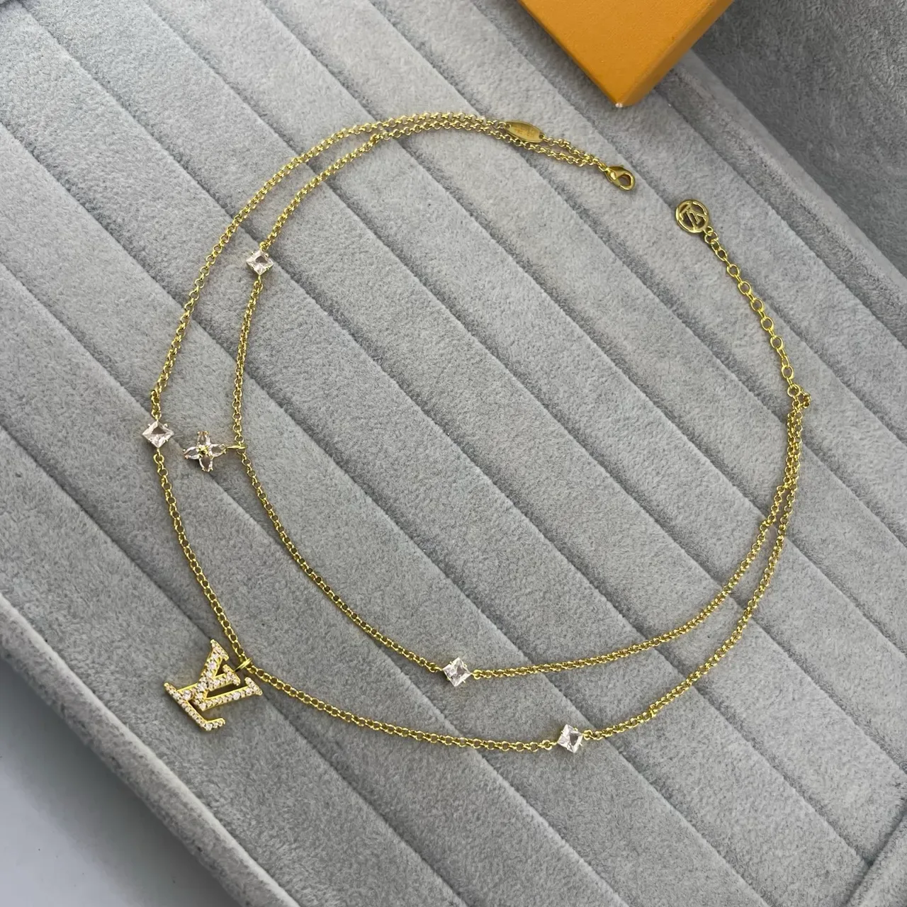 Louis Vuitton Gold Silver Pavé-Crystal Monogram Pendant Multi-Stone Chain Necklace 4