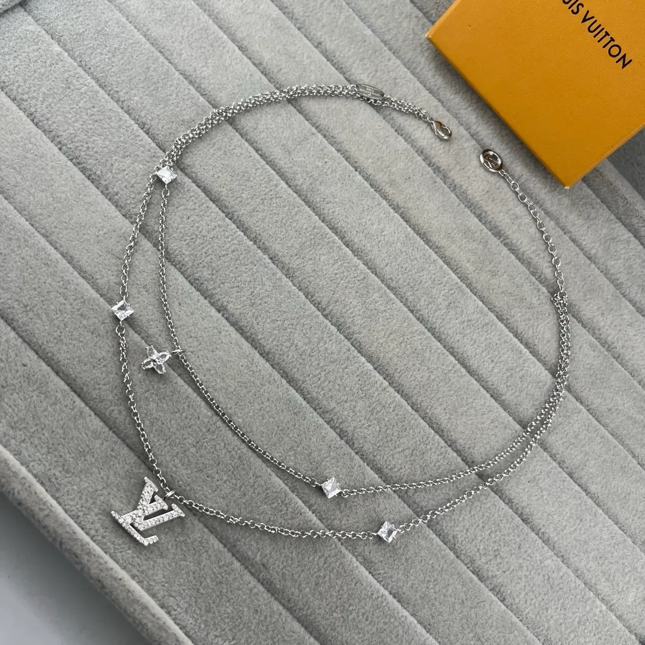 Louis Vuitton Gold Silver Pavé-Crystal Monogram Pendant Multi-Stone Chain Necklace 5