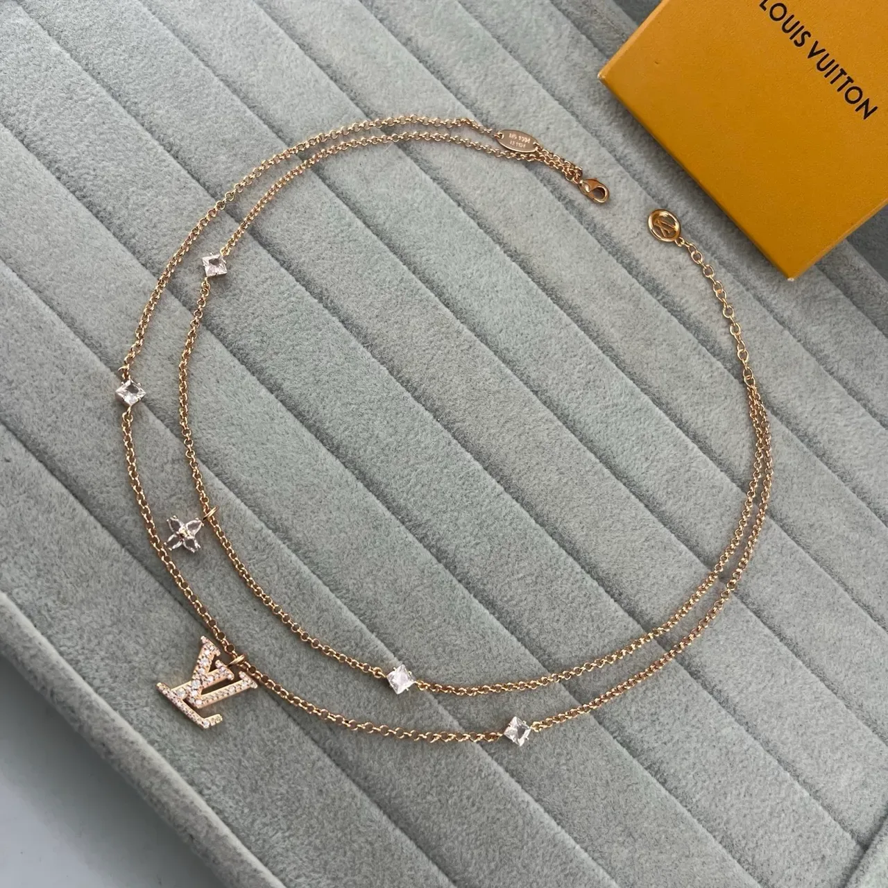 Louis Vuitton Gold Silver Pavé-Crystal Monogram Pendant Multi-Stone Chain Necklace 6