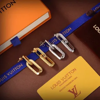 Louis Vuitton Gold Silver Rectangular-Link Monogram-Engraved Earrings