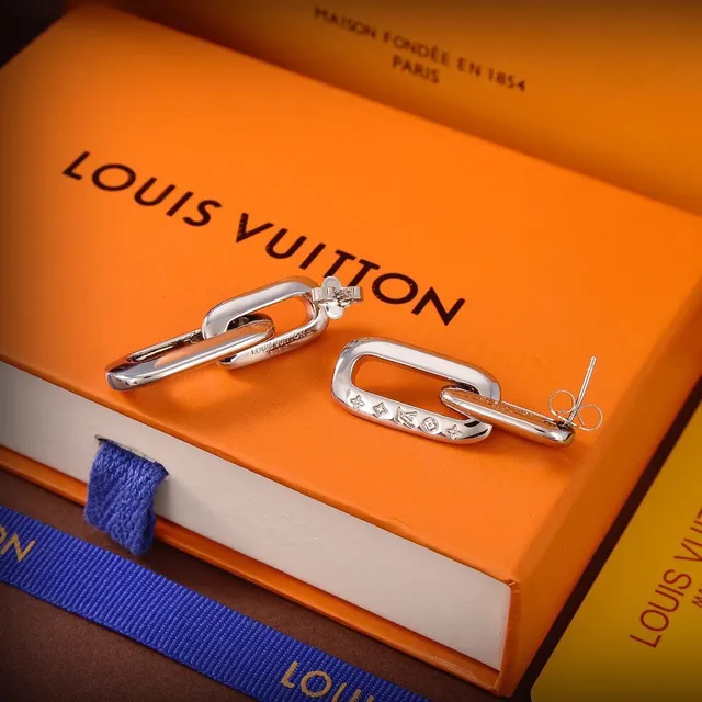 Louis Vuitton Gold Silver Rectangular-Link Monogram-Engraved Earrings 8