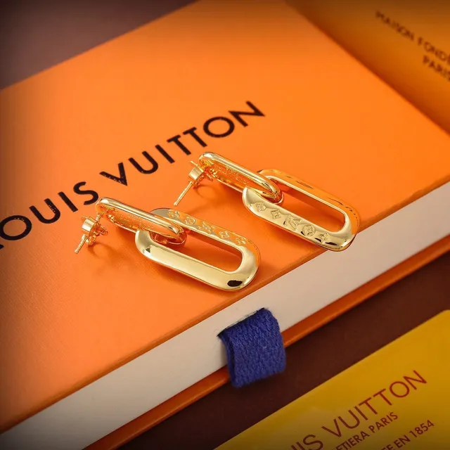 Louis Vuitton Gold Silver Rectangular-Link Monogram-Engraved Earrings 3