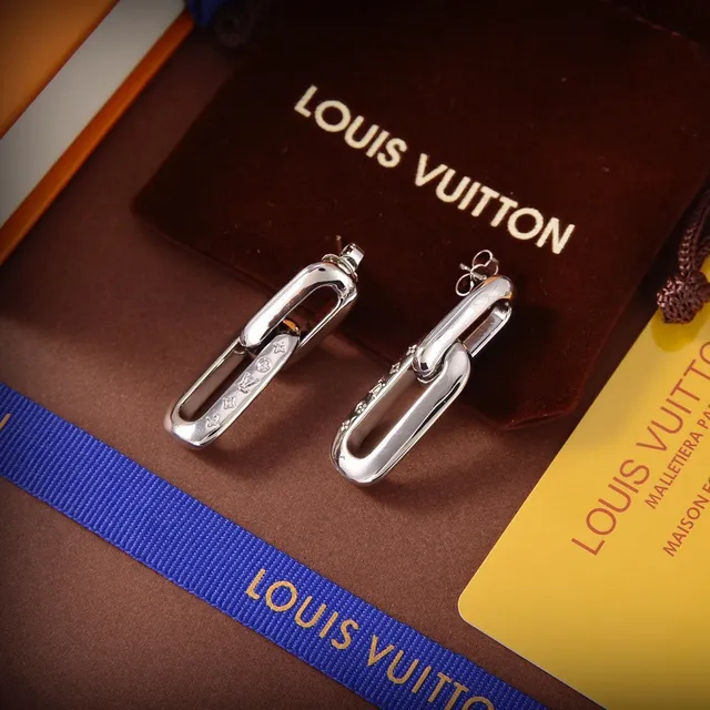 Louis Vuitton Gold Silver Rectangular-Link Monogram-Engraved Earrings 4