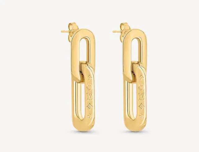 Louis Vuitton Gold Silver Rectangular-Link Monogram-Engraved Earrings 6