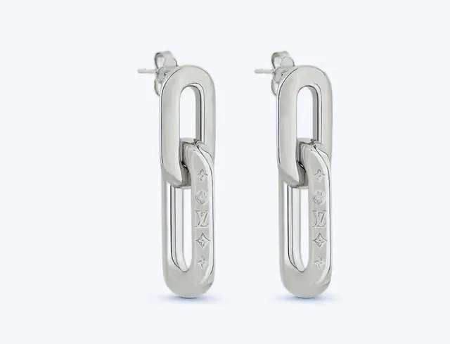 Louis Vuitton Gold Silver Rectangular-Link Monogram-Engraved Earrings 7