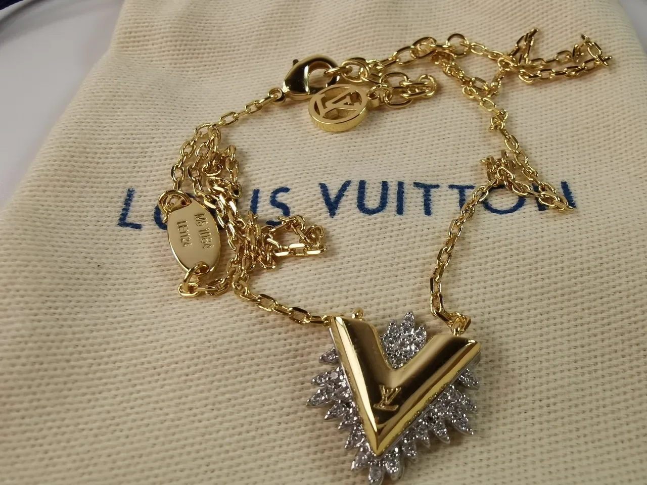 Louis Vuitton Gold-Tone Crystal V Motif Necklace 7