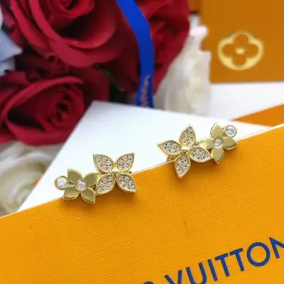 Louis Vuitton Gold-Tone Pavé Crystal Dual-Flower Stud Earrings