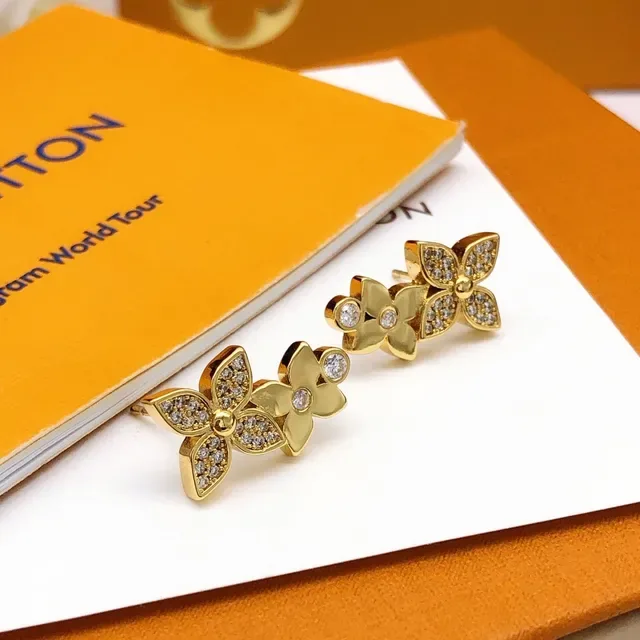 Louis Vuitton Gold-Tone Pavé Crystal Dual-Flower Stud Earrings 5