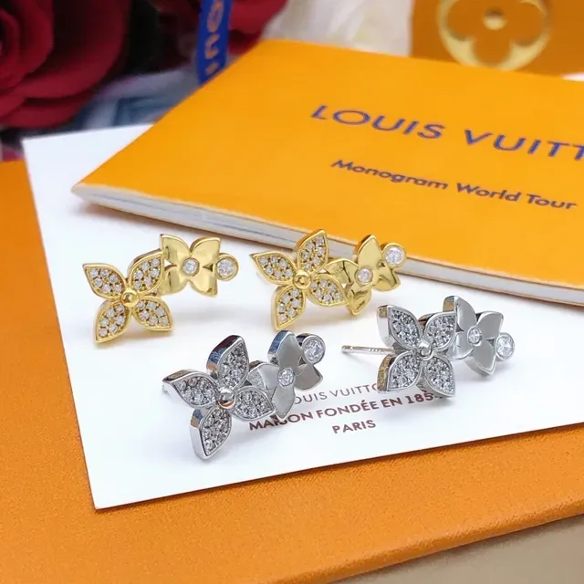 Louis Vuitton Gold-Tone Pavé Crystal Dual-Flower Stud Earrings 7