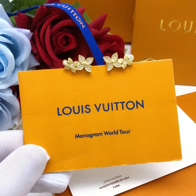 Louis Vuitton Gold-Tone Pavé Crystal Dual-Flower Stud Earrings 9