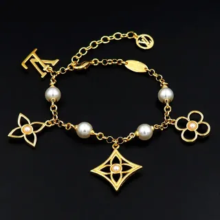 Louis Vuitton Gold White Chain Pearl Bead Stations Bracelet