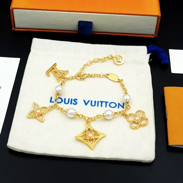 Louis Vuitton Gold White Chain Pearl Bead Stations Bracelet 3