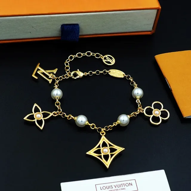 Louis Vuitton Gold White Chain Pearl Bead Stations Bracelet 5