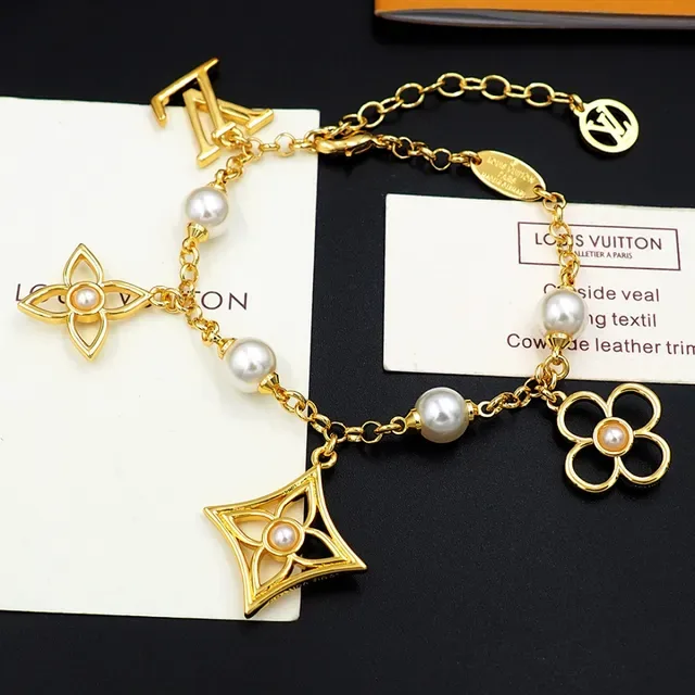 Louis Vuitton Gold White Chain Pearl Bead Stations Bracelet 6