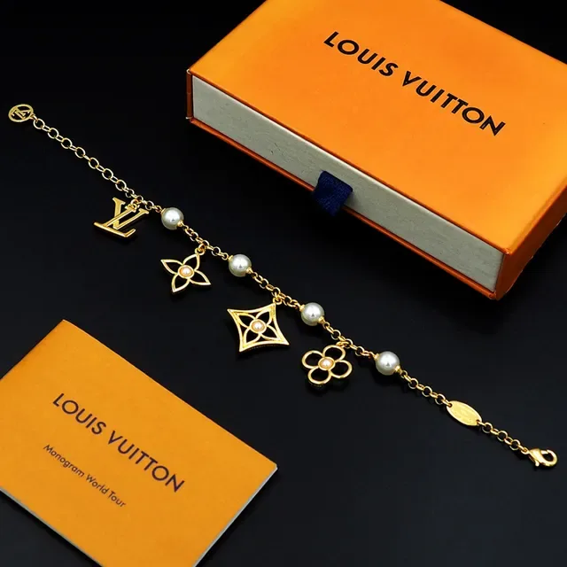 Louis Vuitton Gold White Chain Pearl Bead Stations Bracelet 7