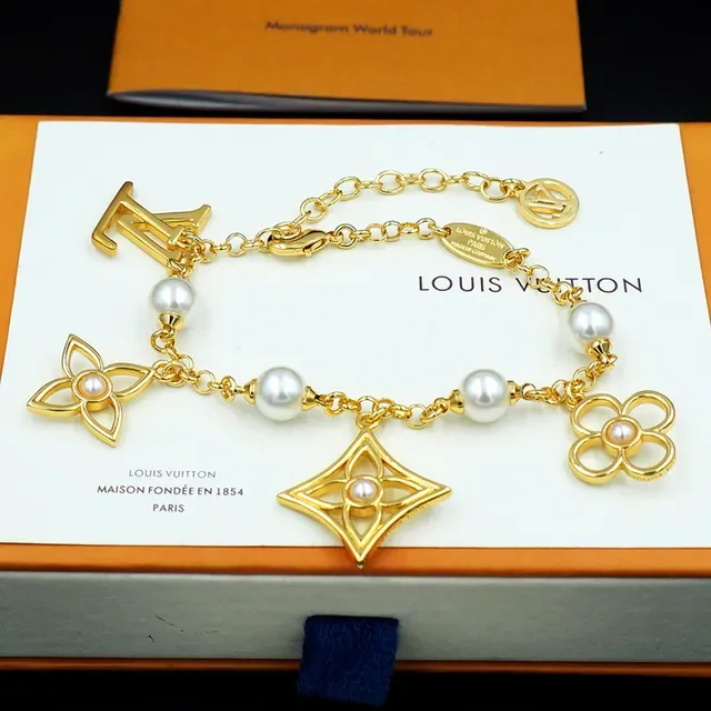Louis Vuitton Gold White Chain Pearl Bead Stations Bracelet 8