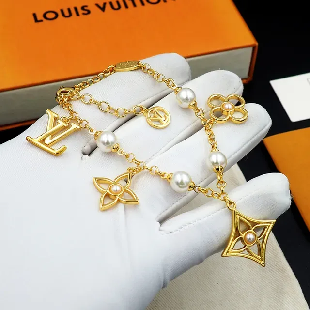 Louis Vuitton Gold White Chain Pearl Bead Stations Bracelet 9