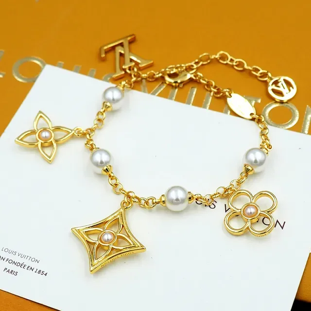 Louis Vuitton Gold White Chain Pearl Bead Stations Bracelet 10