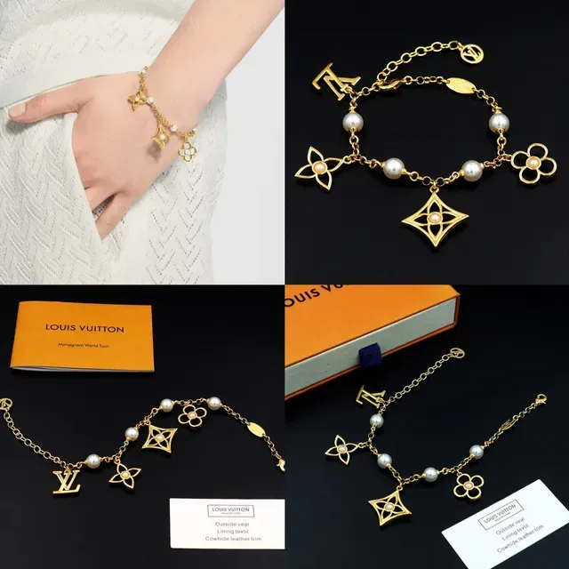 Louis Vuitton Gold White Chain Pearl Bead Stations Bracelet 11