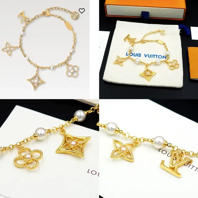 Louis Vuitton Gold White Chain Pearl Bead Stations Bracelet 13
