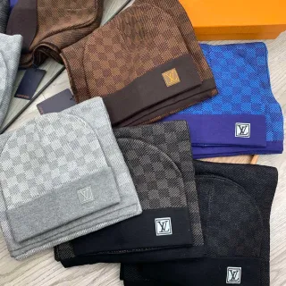 Louis Vuitton Gray Brown Knit Ribbed Cuff Beanie