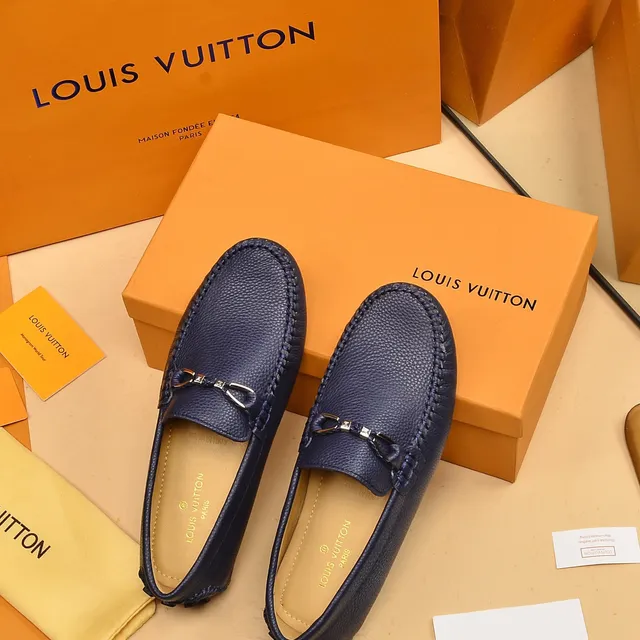 Louis Vuitton Horsebit Loafer Navy Beige Pebbled Leather Buckle Loafer 3