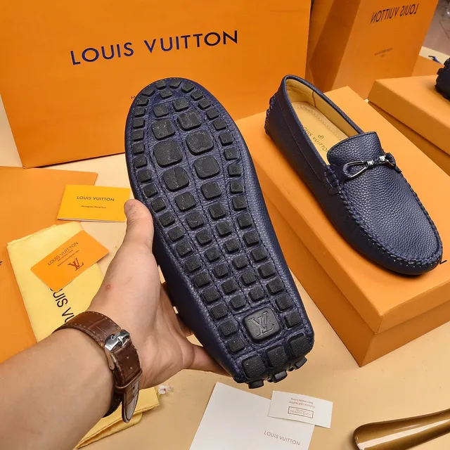Louis Vuitton Horsebit Loafer Navy Beige Pebbled Leather Buckle Loafer 4
