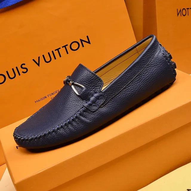 Louis Vuitton Horsebit Loafer Navy Beige Pebbled Leather Buckle Loafer 5