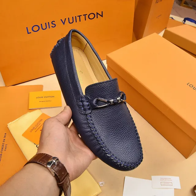 Louis Vuitton Horsebit Loafer Navy Beige Pebbled Leather Buckle Loafer 6