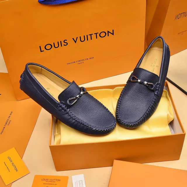 Louis Vuitton Horsebit Loafer Navy Beige Pebbled Leather Buckle Loafer 8