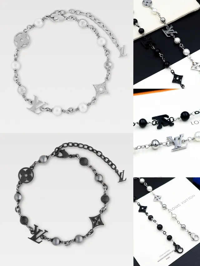 Louis Vuitton Iconic Bracelet سوار فضي لؤلؤ وسلسلة خرز أسود 12