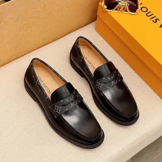 Louis Vuitton 乐福鞋 黑色米色 光泽皮革 印花系带 乐福鞋