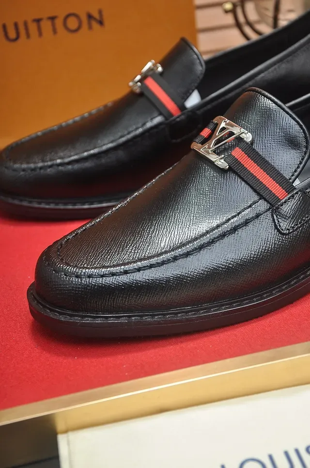 Louis Vuitton Loafer Black Red Textured Leather Metal LV Buckle Loafer 3