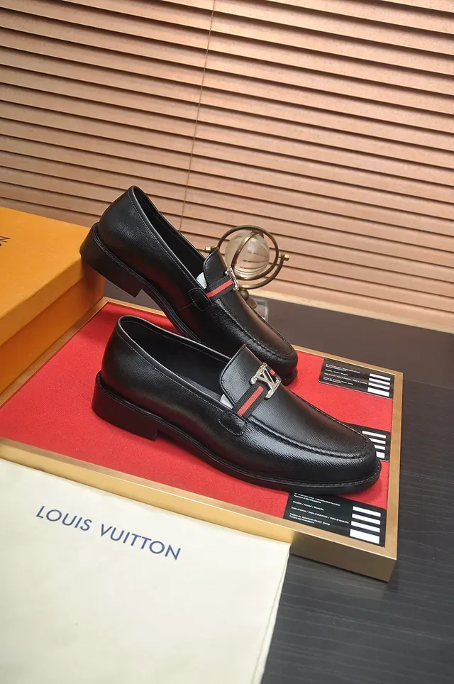 Louis Vuitton Loafer Black Red Textured Leather Metal LV Buckle Loafer 4