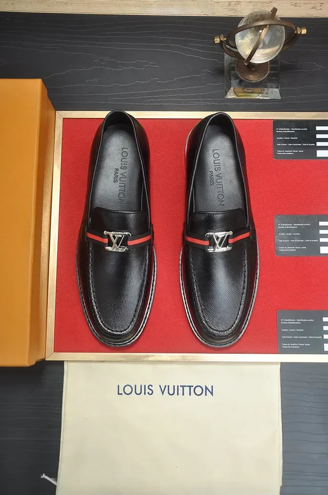 Louis Vuitton Loafer Black Red Textured Leather Metal LV Buckle Loafer 5