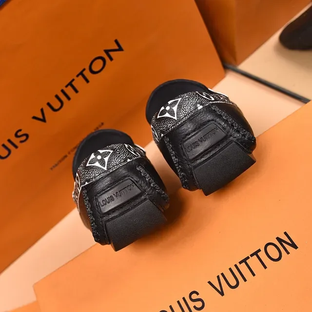 Louis Vuitton Loafer Black White Pebbled Leather Monogrammed Fabric Trim Loafer 2