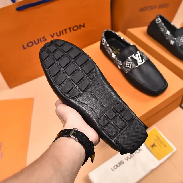 Louis Vuitton Loafer Black White Pebbled Leather Monogrammed Fabric Trim Loafer 4