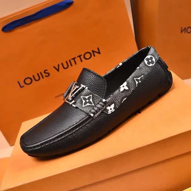 Louis Vuitton Loafer Black White Pebbled Leather Monogrammed Fabric Trim Loafer 5