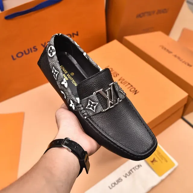 Louis Vuitton Loafer Black White Pebbled Leather Monogrammed Fabric Trim Loafer 6