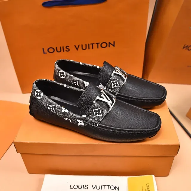 Louis Vuitton Loafer Black White Pebbled Leather Monogrammed Fabric Trim Loafer 8