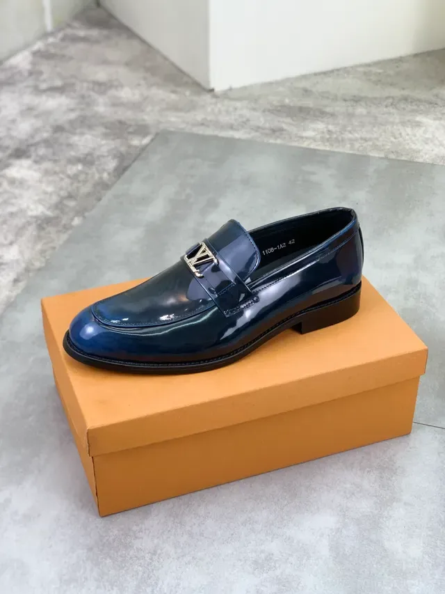Louis Vuitton Loafer Navy Black Patent Leather Metal LV Buckle Loafer 4