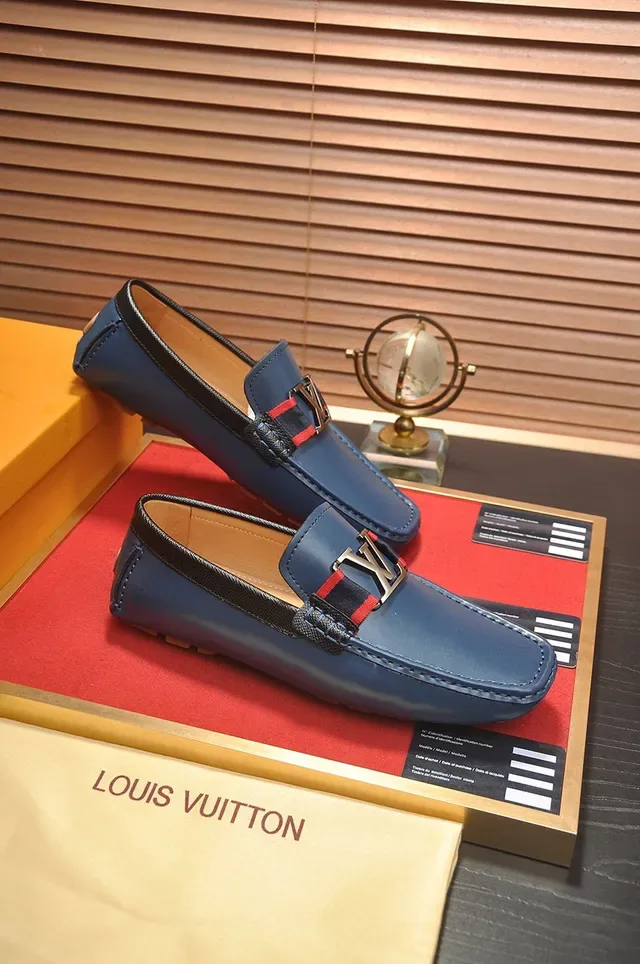 Louis Vuitton Loafer Navy Red Leather Moccasin Construction LV Monogram Buckle Loafer 5