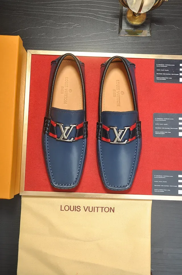 Louis Vuitton Loafer Navy Red Leather Moccasin Construction LV Monogram Buckle Loafer 9