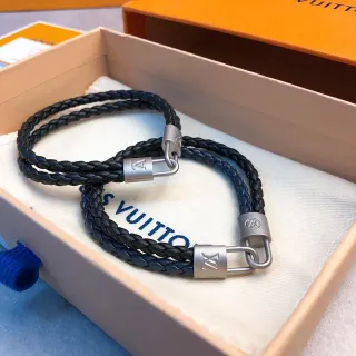 Louis Vuitton Lockit Pulsera Cuero Trenzado Negro Plata Doble Cordón
